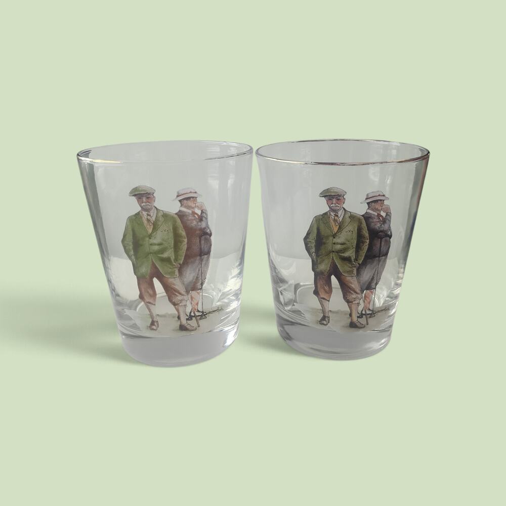 Vintage Whiskey Bar Glass Set of 2 Golfer Old Fashioned Rocks Gold Rim